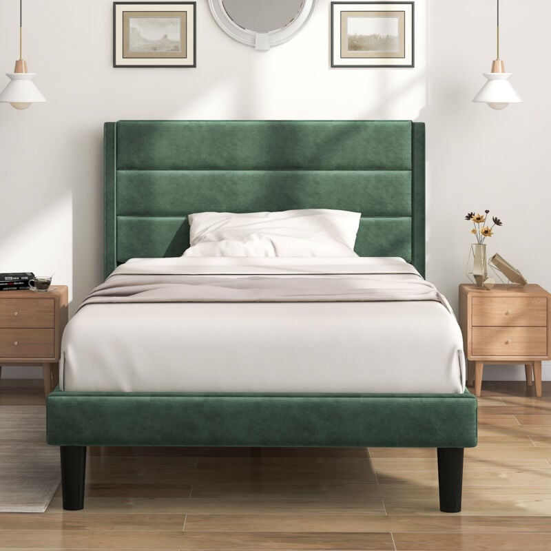 foto del prodotto wishdor letto per adulti letto singolo imbottito per ragazzi 90 x 200 cm con rete a doghe e testiera, rivestimento tessile in velluto verde scuro,