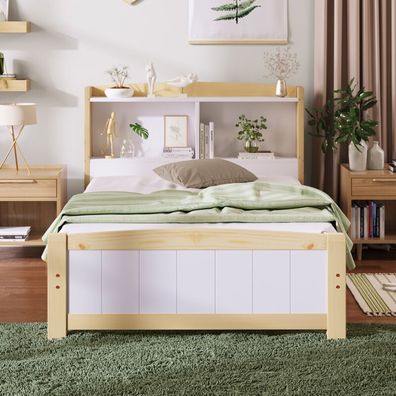 foto del prodotto wishdor letto per adulti letto singolo per bambini 90 x 200 cm in legno con rete a doghe e testiera contenitore, naturale e bianco, senza materasso