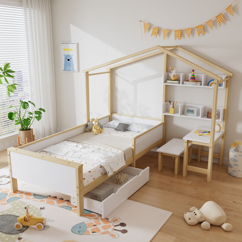 foto del prodotto wishdor letto singolo a soppalco per bambini 90 x 200 cm a l con cassetti, ripiani, tavolo e sgabello, piastra di protezione e rete a doghe, bianco