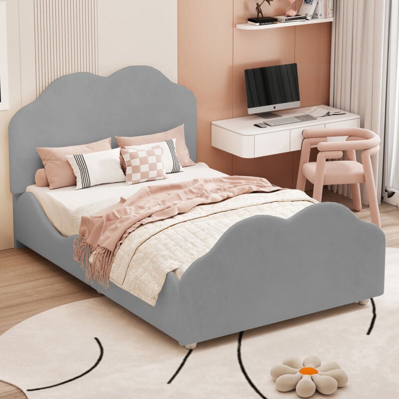 foto del prodotto wishdor letto singolo imbottito 90 x 200 cm con testiera e pediera a forma di nuvola. velluto. grigio