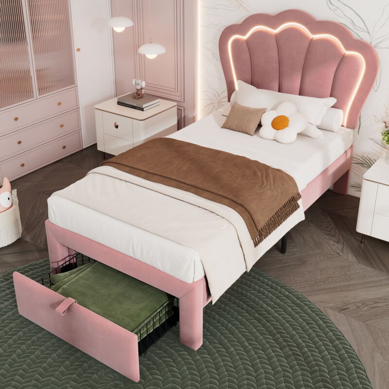 foto del prodotto wishdor letto singolo imbottito per bambini e ragazzi 90 x 200 cm con cassetti, led app control, rete a doghe e testiera regolabile, velluto, rosa,