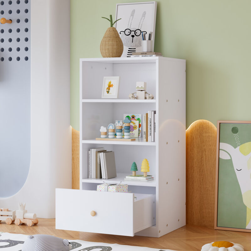 foto del prodotto wishdor libreria per bambini, libreria bianca con 3 ripiani e cassetto con guide silenziose