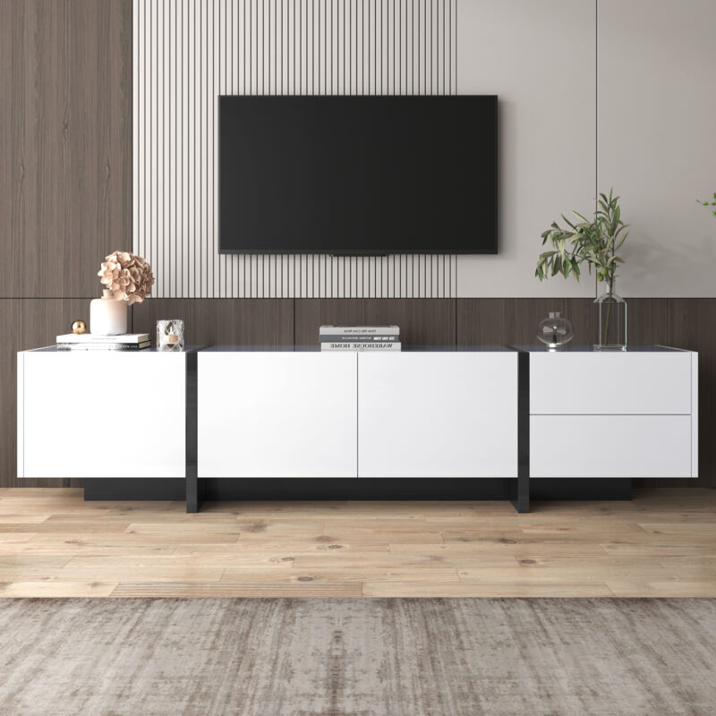 foto del prodotto wishdor mobile porta tv bianco lucido con 3 ante e 2 cassetti, ante con ripiani