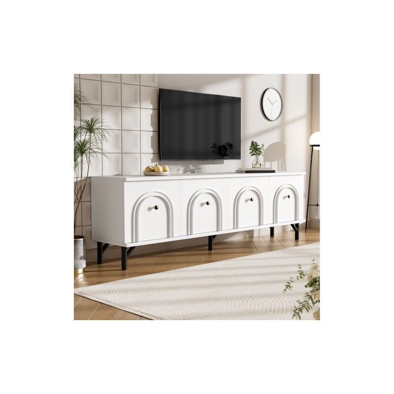 foto del prodotto wishdor mobile tv 160 cm, 4 ante, design ad arco 3d, cerniere a chiusura ammortizzata, gambe nere, pannello truciolare, bianco