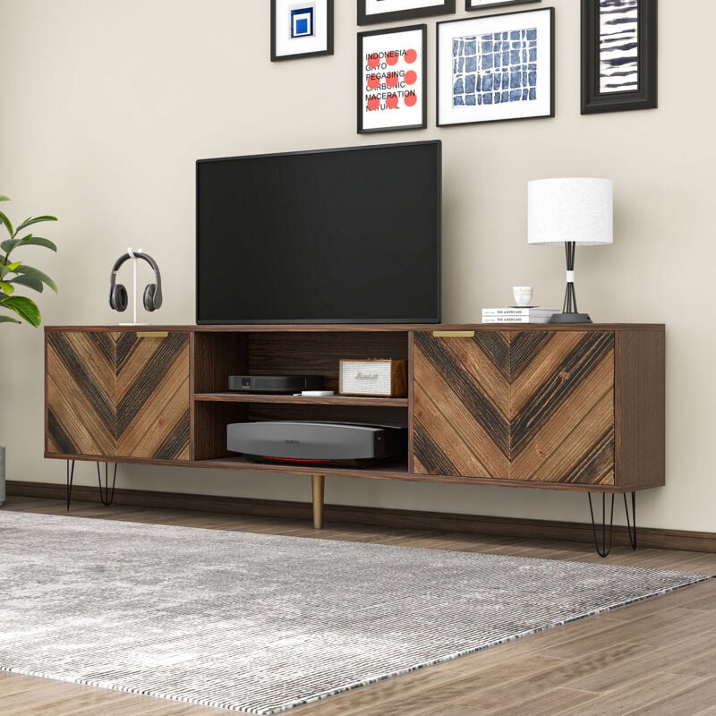 foto del prodotto wishdor mobile tv basso con 2 ante in legno massello impiallacciato, maniglie dorate e piedini in ferro, marrone vintage