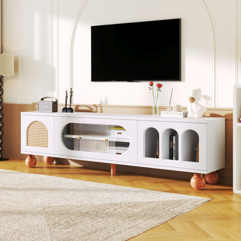 foto del prodotto wishdor mobile tv bianco con porta in rattan, porta scorrevole in vetro