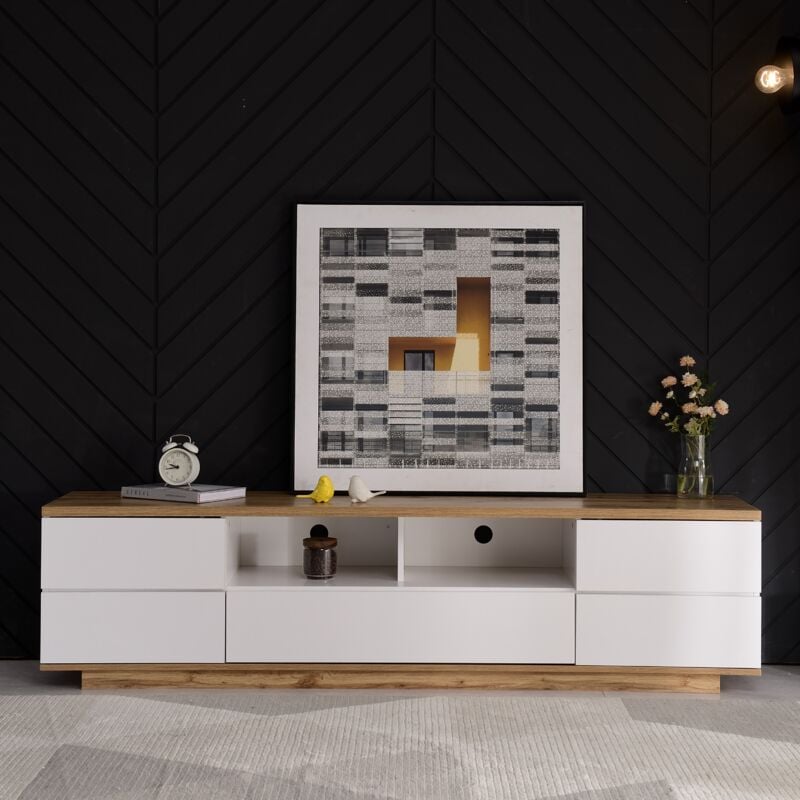 foto del prodotto wishdor mobile tv bianco e legno con 2 vani aperti e 5 ante