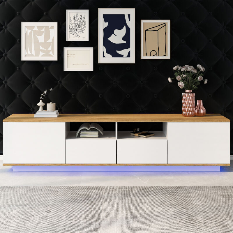foto del prodotto wishdor mobile tv bianco e legno, mobile tv led con 2 vani aperti e 2 cassetti, bianco