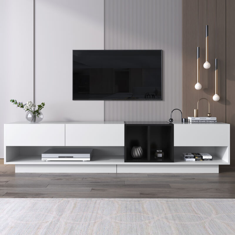 foto del prodotto wishdor mobile tv bianco e nero lucido con cassetti e spazio a giorno