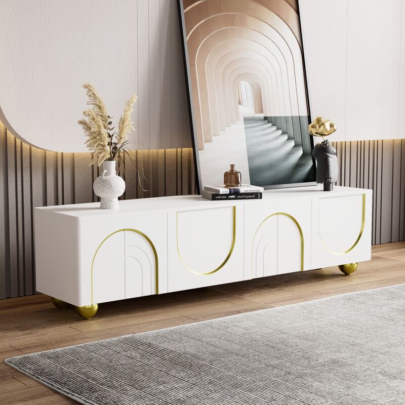 foto del prodotto wishdor mobile tv bianco e oro, mobile tv basso con ante strutturate, gambe rotonde dorate, per soggiorno, camera da letto