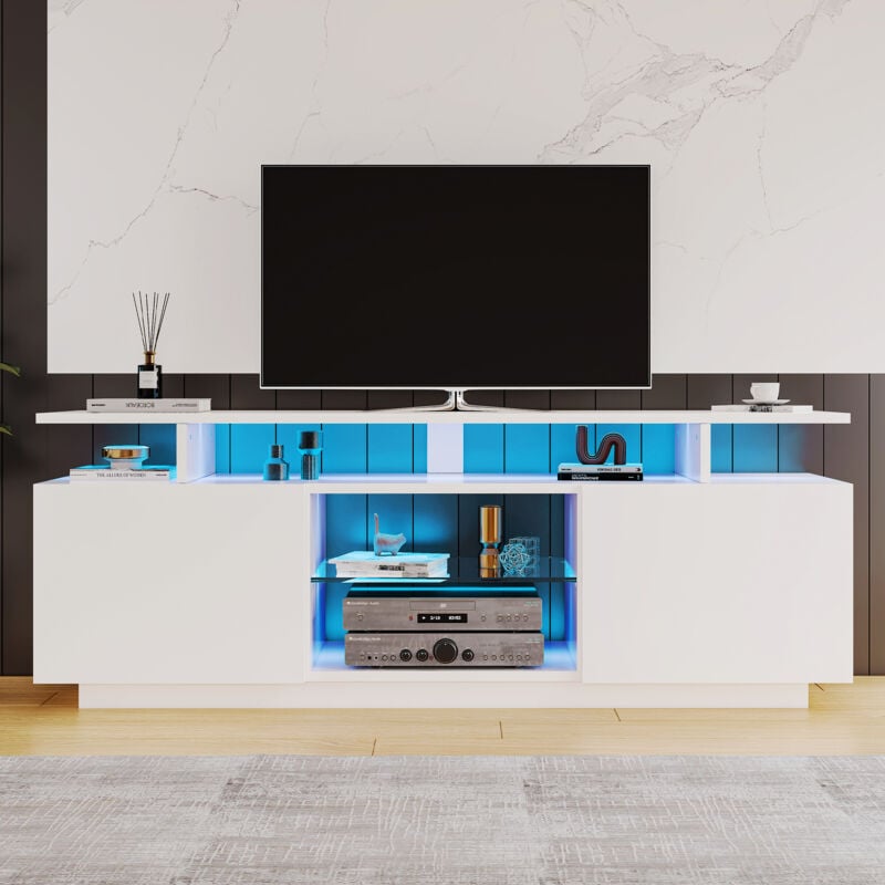 foto del prodotto wishdor mobile tv bianco, supporto tv led a 16 colori, pannelli porta lucidi con scomparti in vetro