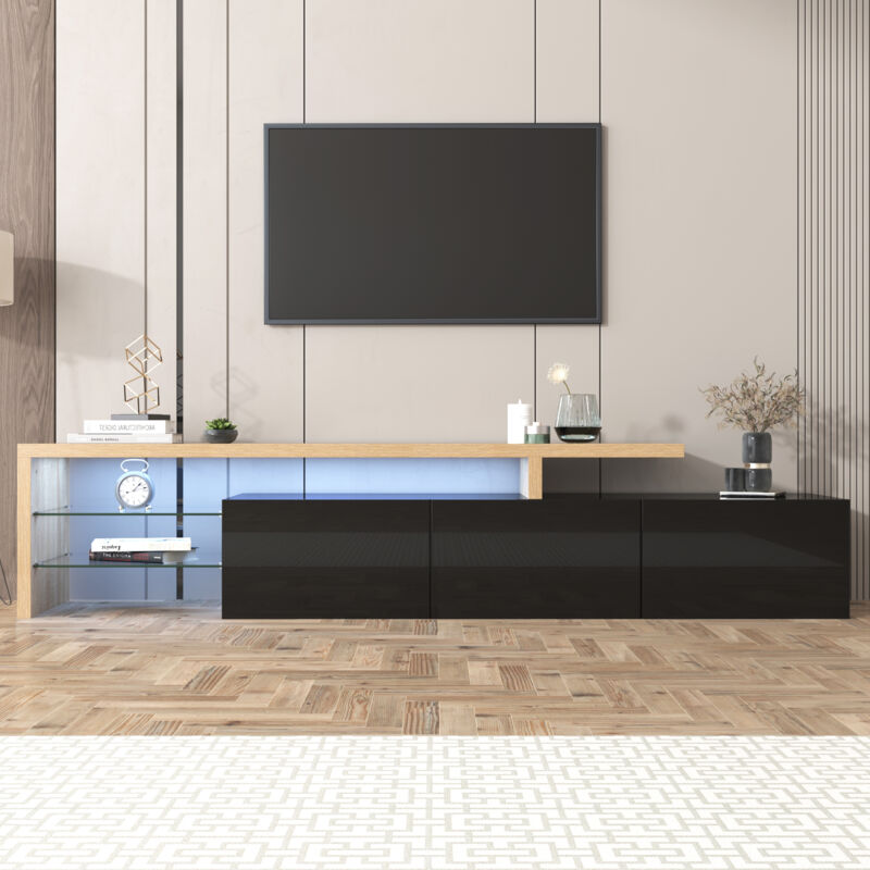 foto del prodotto wishdor mobile tv in legno e nero lucido con led, 3 ante e ripiani in vetro