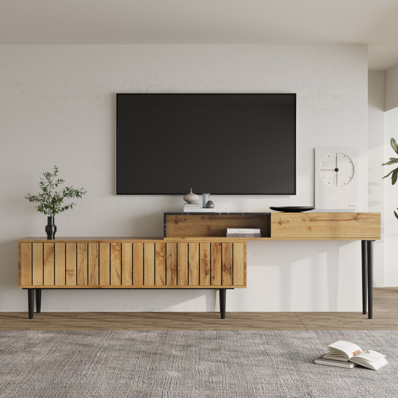 foto del prodotto wishdor mobile tv in legno scuro con motivo in marmo e venature del legno, bordo in pvc, gambe in ferro