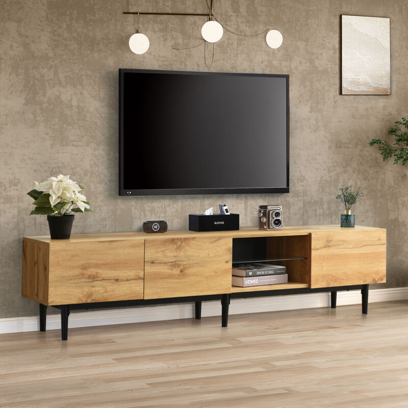 foto del prodotto wishdor mobile tv moderno in legno con scomparti aperti e led variabili