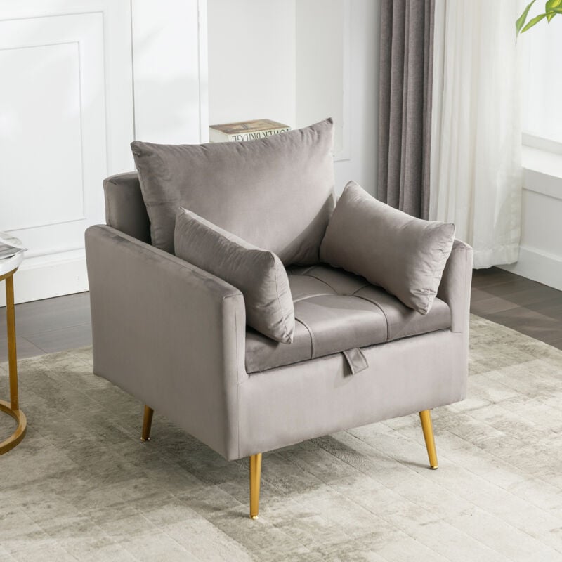 foto del prodotto wishdor poltrona in velluto con contenitore, cuscini, gambe in metallo dorato, grigio