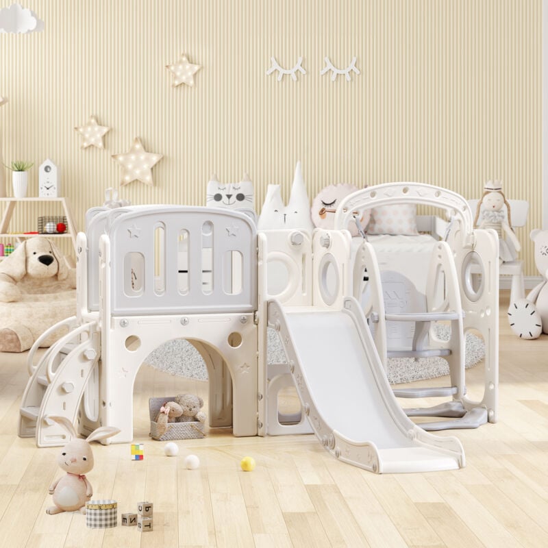 foto del prodotto wishdor scivolo per bambini 7 in 1 con altalena, piattaforma, gioco di pugni, supporto per basket e scale, bianco
