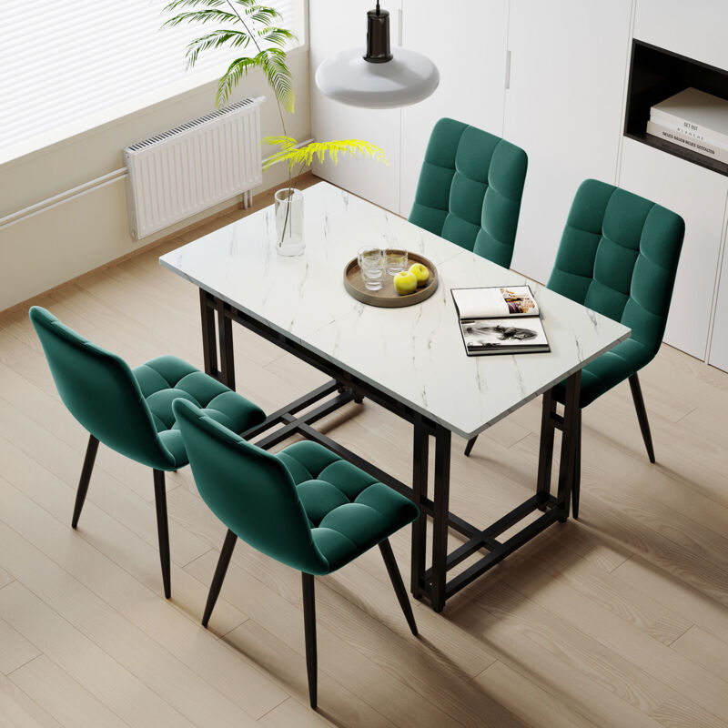 foto del prodotto wishdor set da pranzo bianco da 120 x 70 cm con 4 sedie in velluto verde scuro. tavolo con gambe in ferro nero