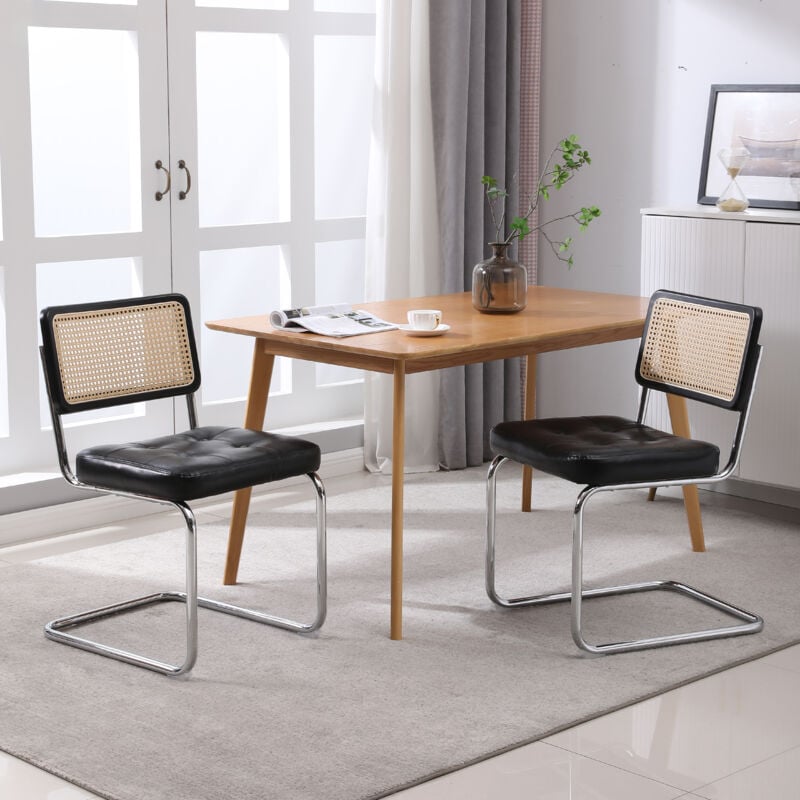 foto del prodotto wishdor set di 2 sedie da pranzo in rattan e similpelle, schienale in rete morbida imbottita, gambe in metallo cromato, nere