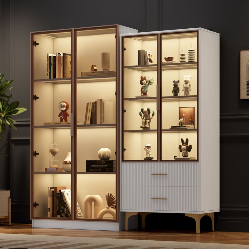 foto del prodotto wishdor set di 2 vetrine in vetro bianco con illuminazione a led e ripiani regolabili, tavolozza di colori platino, bianco
