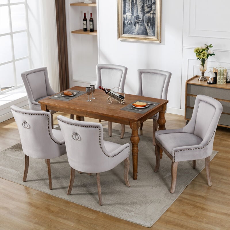 foto del prodotto wishdor - set di 6 sedie da pranzo imbottite con finiture a borchie, gambe in legno massello, grigio