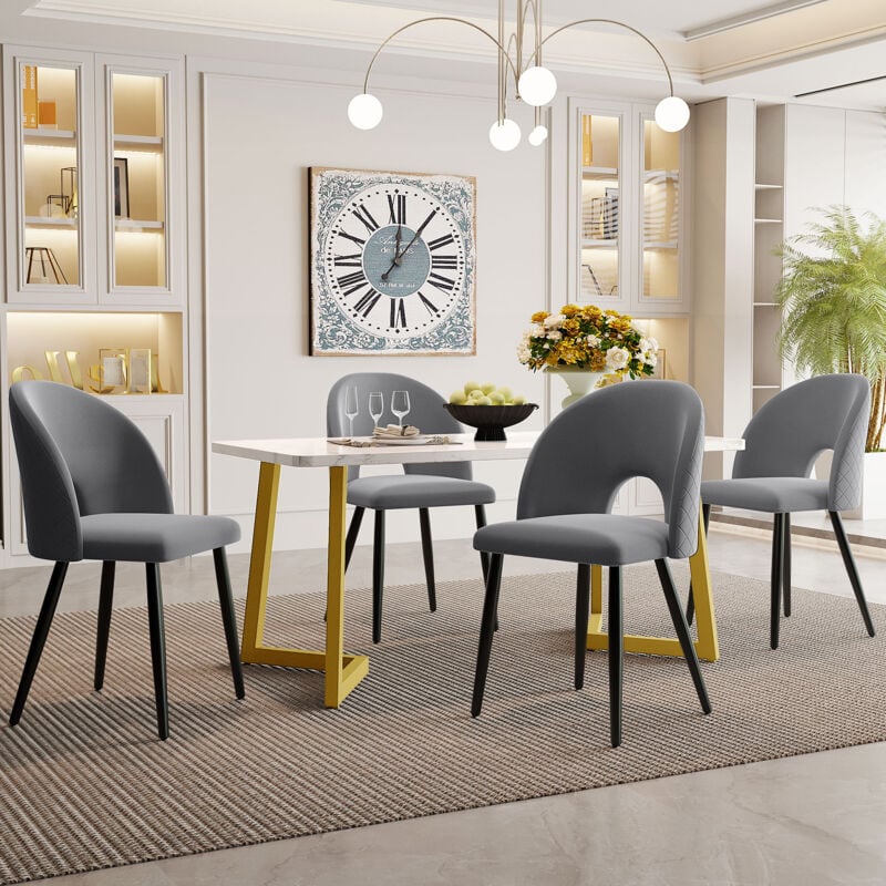 foto del prodotto wishdor set tavolo e sedie, tavolo da pranzo bianco con gambe dorate e 4 sedie in velluto grigio con gambe nere