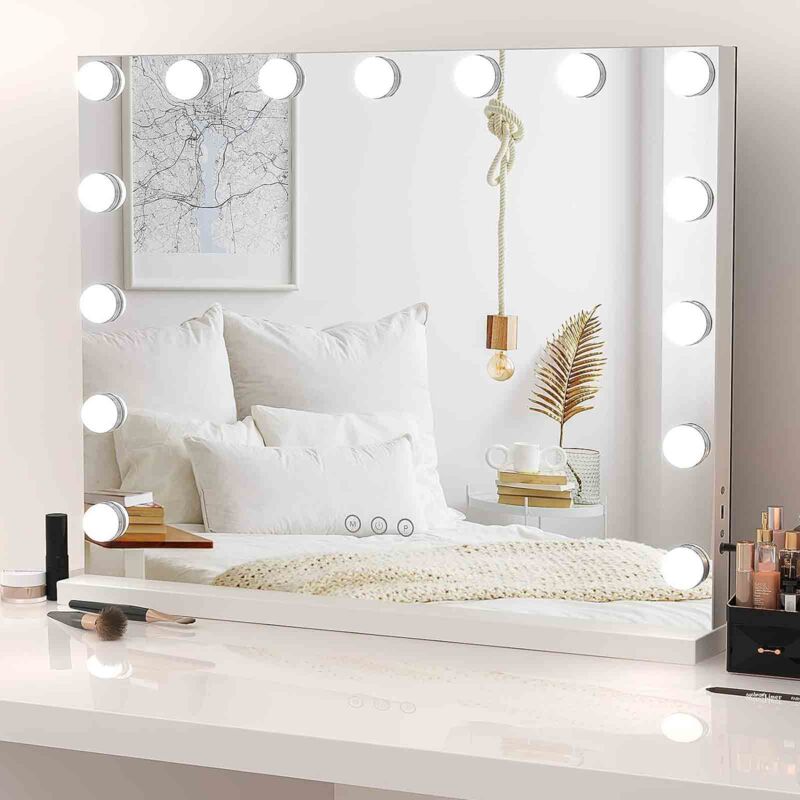 foto del prodotto wishdor specchio per il trucco a led da 58 cm x 46 cm con lampada hollywood e 15 lampadine bianche, specchio per il trucco intelligente con