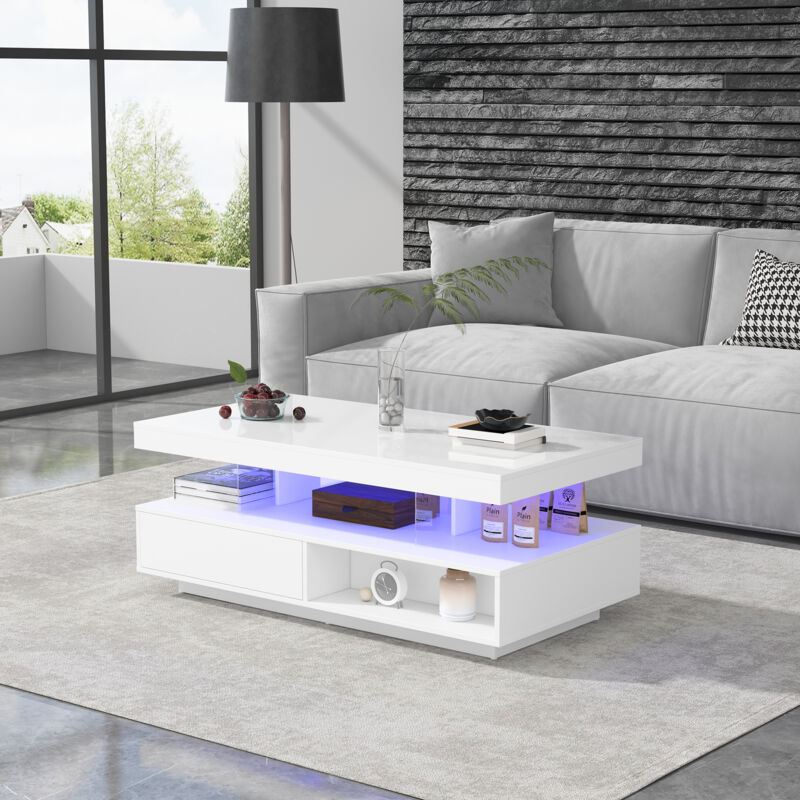 foto del prodotto wishdor tavolino bianco lucido con 4 ripiani in vetro, 2 cassetti e 2 scomparti aperti