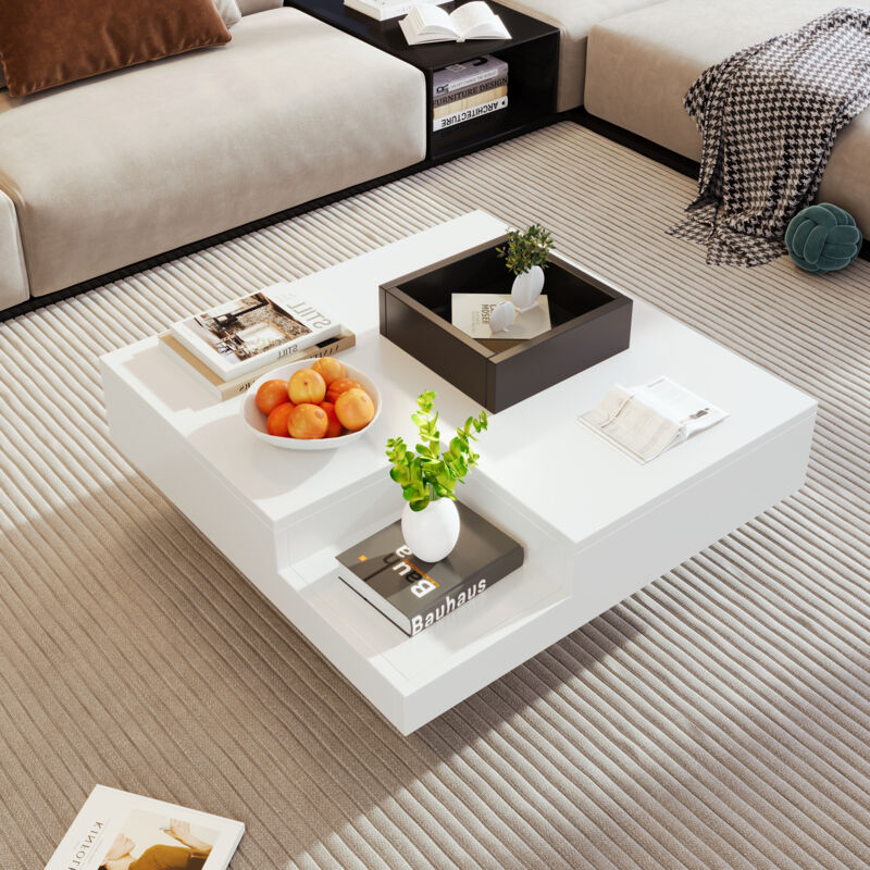 foto del prodotto wishdor tavolino quadrato bianco lucido con led e contenitore nero rimovibile, 72 x 72 x 30 cm