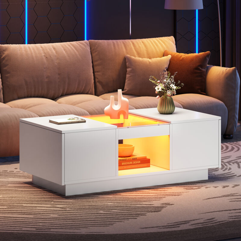 foto del prodotto wishdor tavolino rettangolare bianco con led e 2 cassetti, pannelli in vetro, 100 x 50 x 35,5 cm