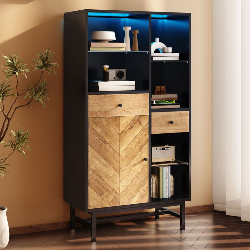 foto del prodotto wishdor - vetrina nera con striscia luminosa a led a 12 colori, 2 cassetti e ripiani in vetro, venature del legno triangolari