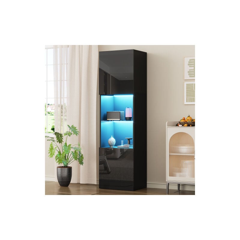foto del prodotto wishdor vetrina nera lucida con illuminazione a led, 1 ripiano in vetro, 2 ante, 2 ripiani a giorno, pannello truciolare, 45x35x160 cm