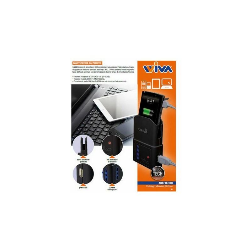 foto del prodotto wiva adattatore con tasca porta cellulare e caricabatterie usb 5v 2 spina bipasso 16a