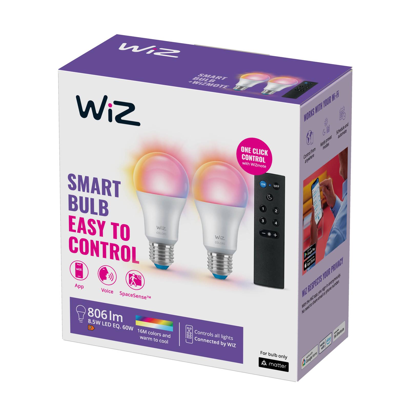 immagine 0 del prodotto wiz a60 led opaco wifi e27 8,5w rgbw telecomando set di 2