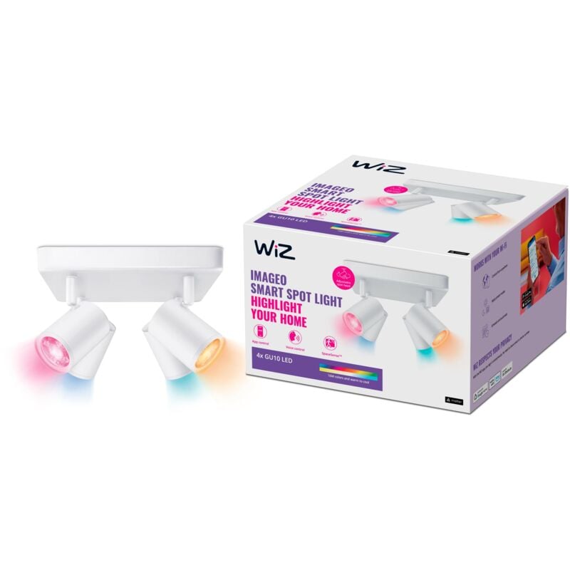 foto del prodotto wiz faretto smart led imageo wifi, base quadrata, luce bianca o colorata dimmerabile, gu10, 4 x 5w, bianco, tecnologia spacesense, controllo vocale