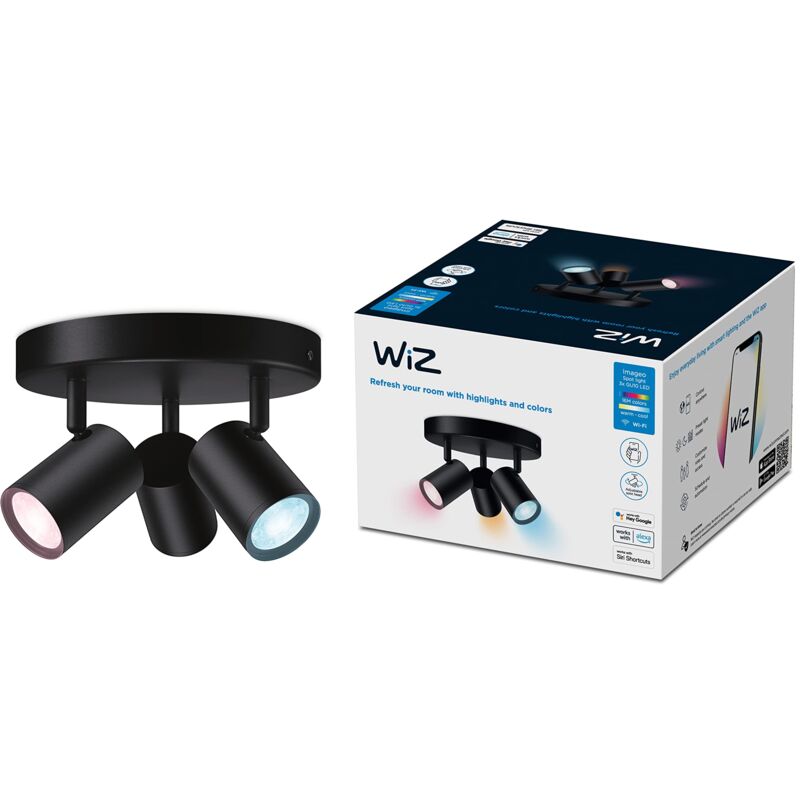 foto del prodotto wiz faretto smart led imageo wifi, base tonda, luce bianca o colorata dimmerabile, gu10, 3x5w, nero, tecnologia spacesense, controllo vocale