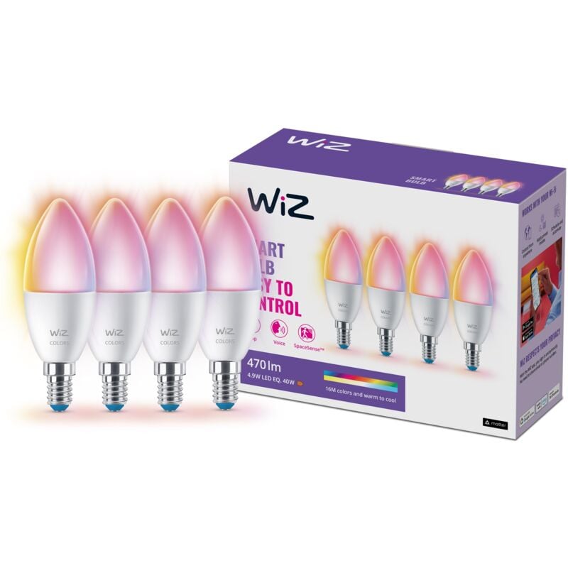 foto del prodotto wiz lampadina smart wifi candela smerigliata, 40w, e14, 4 pezzi, tecnologia spacesense, controllo vocale, luce bianca calda o fredda, dimmerabile