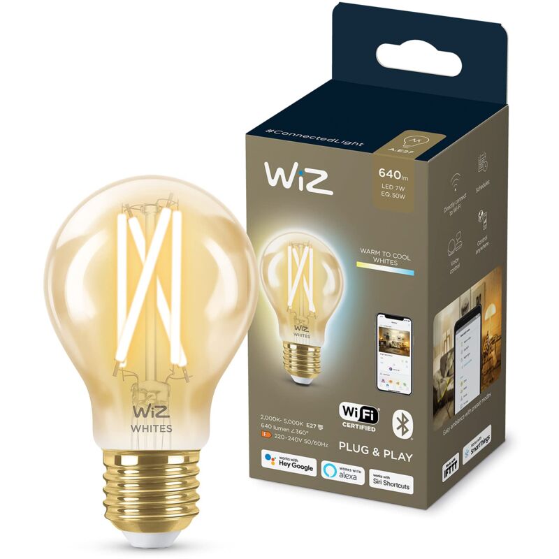 foto del prodotto wiz lampadina smart wifi, luce bianca da calda a fredda dimmerabile, filamento ambrata, e27, 7w, tecnologia spacesense, controllo vocale alexa,
