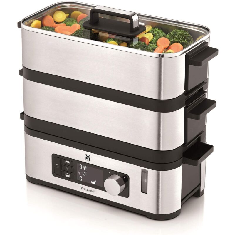foto del prodotto wmf kitchenminis vaporiera elettrica compatta in acciaio inox 18 10 cromargan, potenza 900w, vaporiera elettrica a due ripiani, finitura satinata