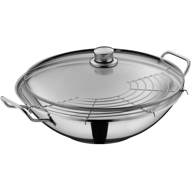foto del prodotto wmf party taiwan wok a induzione, 36 cm, con coperchio e griglia di appoggio, in acciaio inox cromargan non rivestito, adatto al forno