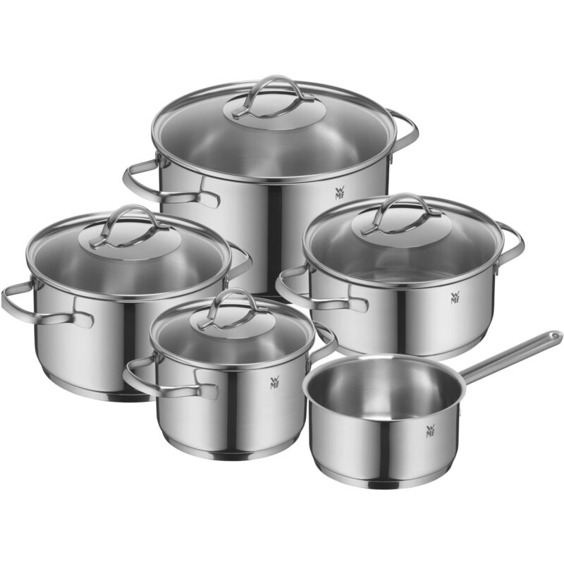 foto del prodotto wmf provence plus set di pentole induzione e gas in acciaio inox 18 10 cromargan, fondo transtherm triplo strato, batteria pentole con 5 pentole e 4