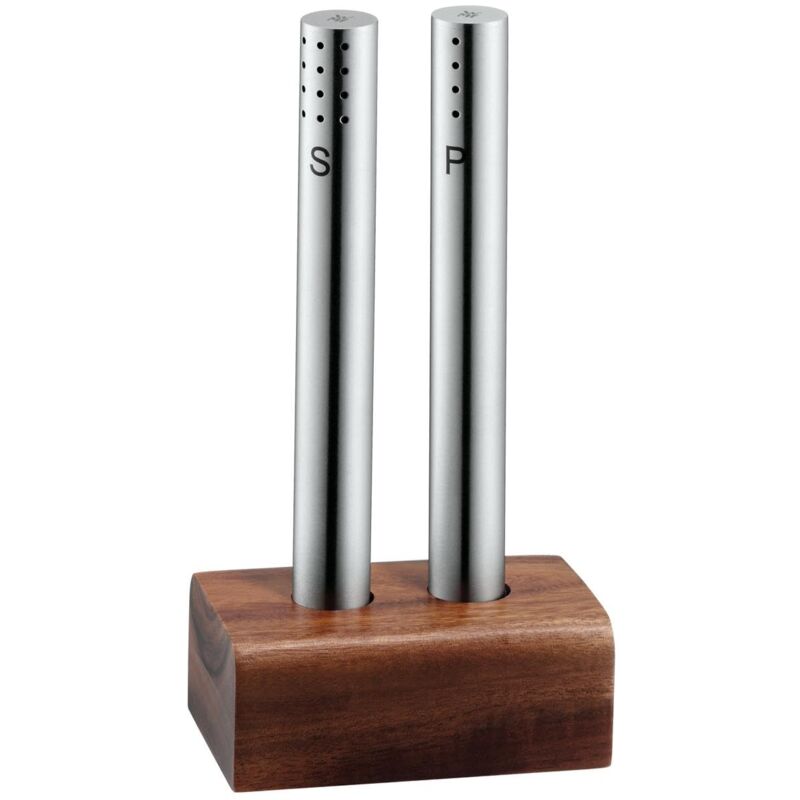 foto del prodotto wmf set di 3 saliera e pepiera piccola, in acciaio inox cromargan satinato, sale e pepe, supporto in legno, argento