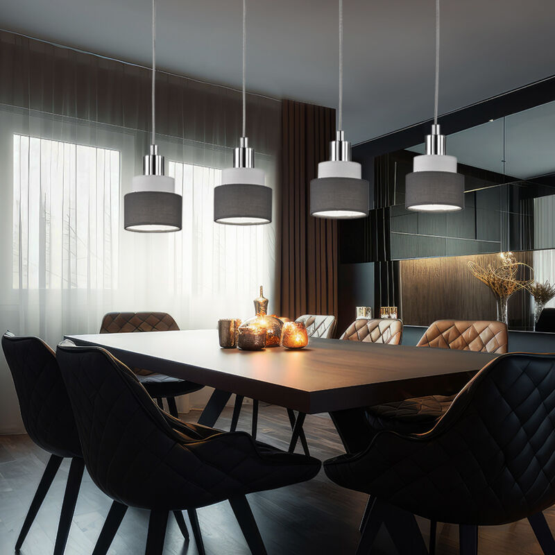 foto del prodotto wofi lampada a sospensione lampada a sospensione da tavolo da pranzo lampada a sospensione a 4 fiamme, metallo cromato grigio tessuto, 4x e14,