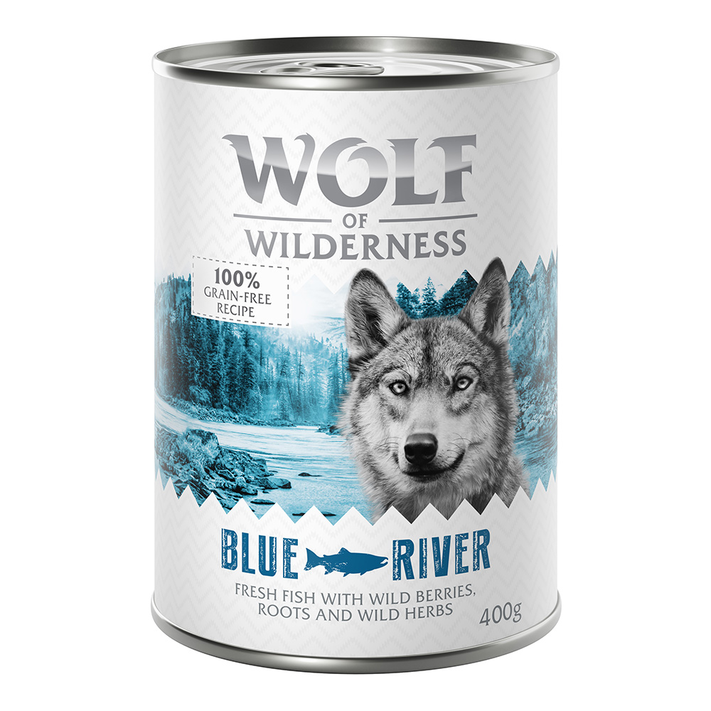 foto del prodotto wolf of wilderness adult 6 x 400 g umido single protein per cane blue river pesce