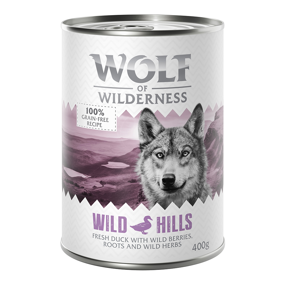 foto del prodotto wolf of wilderness adult 6 x 400 g umido single protein per cane wild hills anatra