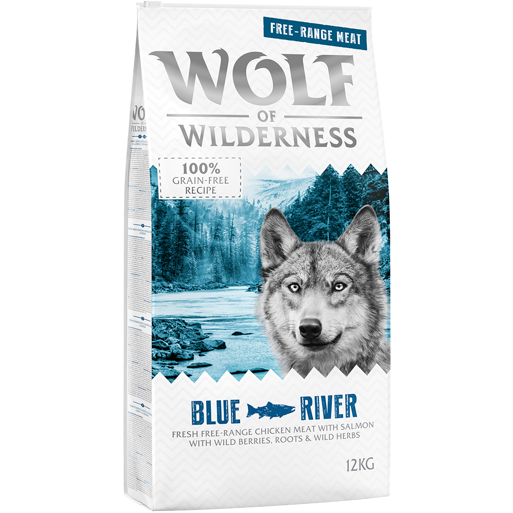 foto del prodotto wolf of wilderness adult blue river pollo allevato all aperto salmone 12 kg