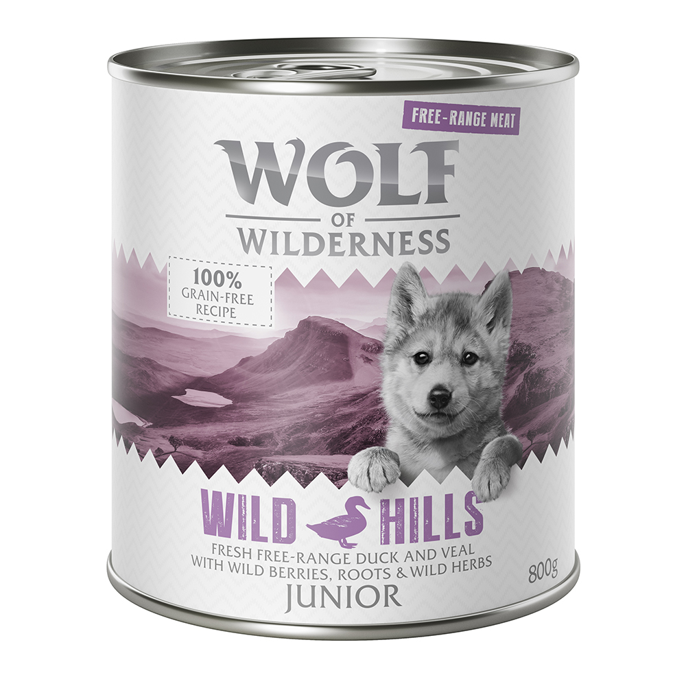 foto del prodotto wolf of wilderness carne allevata all aperto junior 6 x 800 g umido cane wild hills anatra vitello allevati all aperto