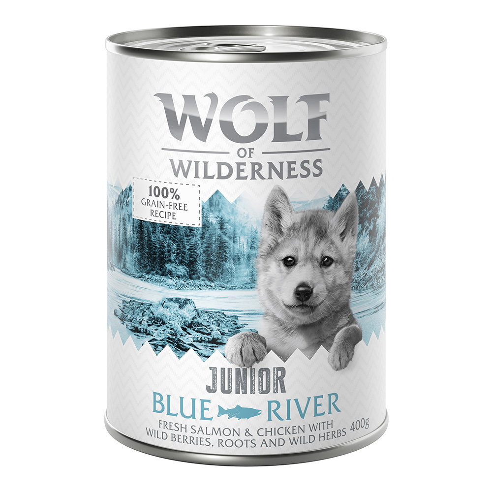 foto del prodotto wolf of wilderness junior 6 x 400 g umido per cane blue river pollo salmone
