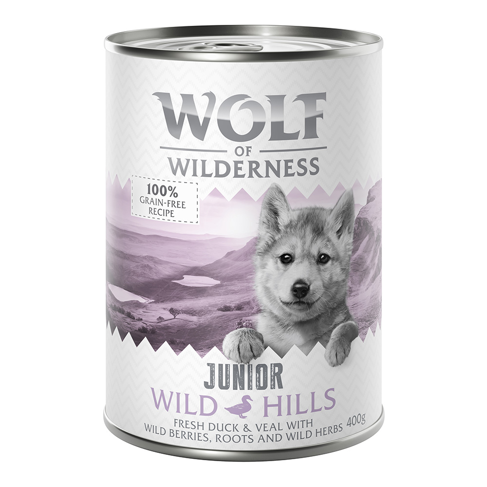 foto del prodotto wolf of wilderness junior 6 x 400 g umido per cane wild hills anatra vitello