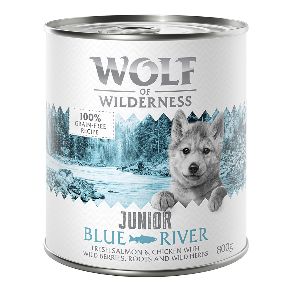 foto del prodotto wolf of wilderness junior 6 x 800 g umido per cane blue river pollo salmone