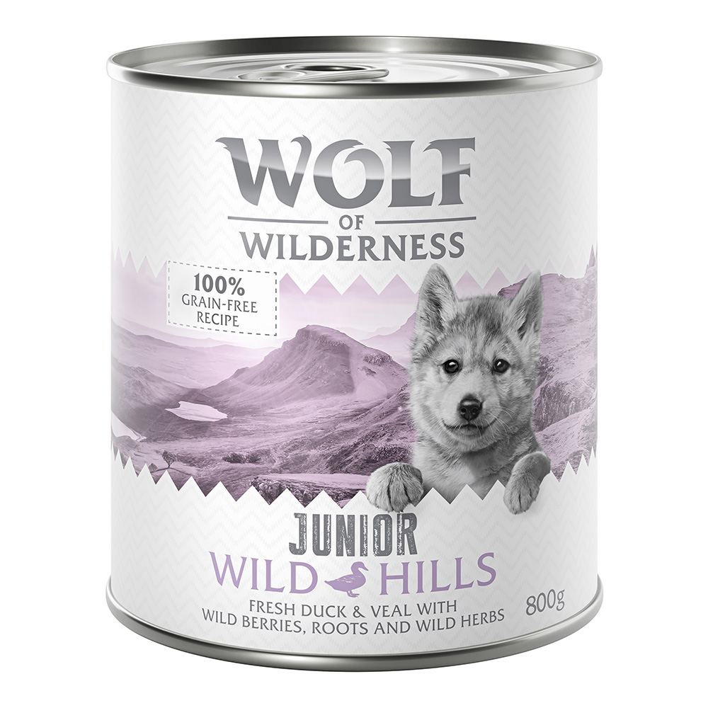 foto del prodotto wolf of wilderness junior 6 x 800 g umido per cane wild hills anatra vitello